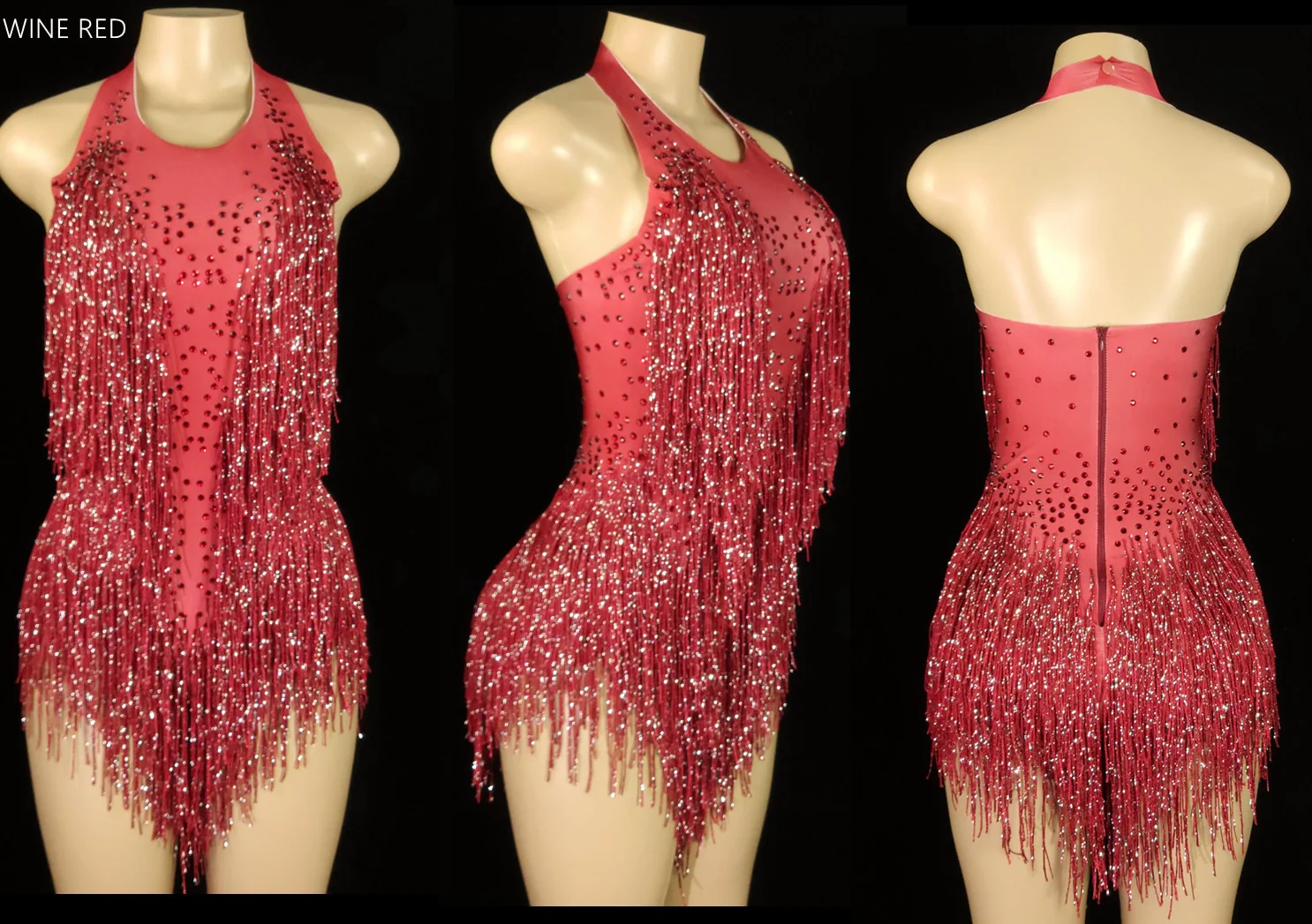 Sparkly Crystals Fringes Bodysuit Sexy Tassel Leotard Jazz Dance Costume One-piece - Image 8