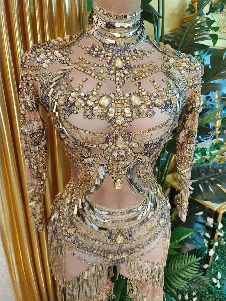Sparkly Gold Crystals Fringes Leotard Women Rhinestones Performance Dance Costume Stage Wear Club Outfit Sexy Tassel Bodysuit - Image 2