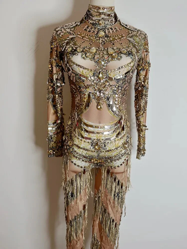 Sparkly Gold Crystals Fringes Leotard Women Rhinestones Performance Dance Costume Stage Wear Club Outfit Sexy Tassel Bodysuit - Image 3