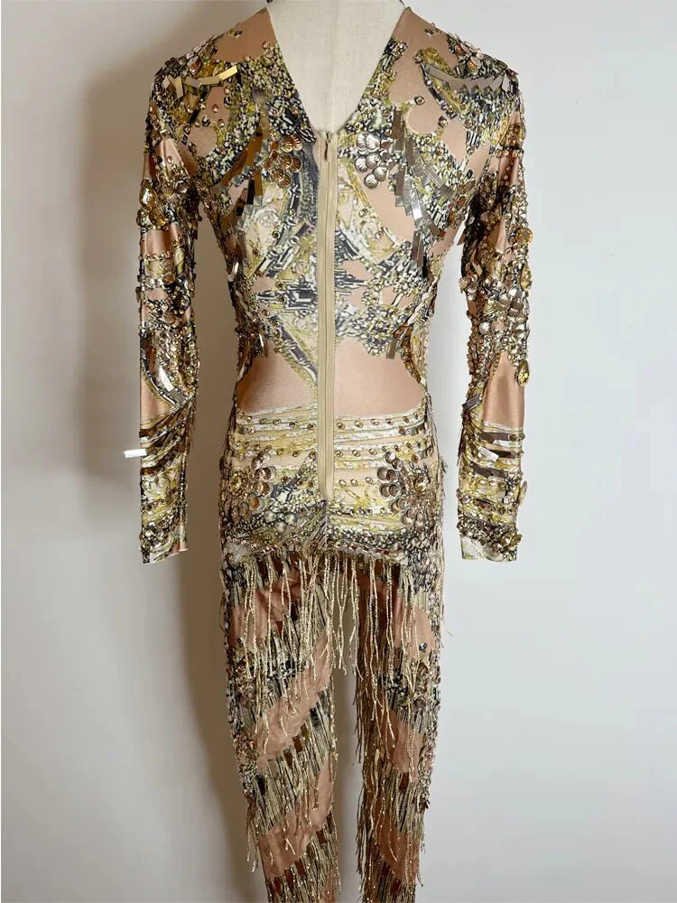 Sparkly Gold Crystals Fringes Leotard Women Rhinestones Performance Dance Costume Stage Wear Club Outfit Sexy Tassel Bodysuit - Image 4