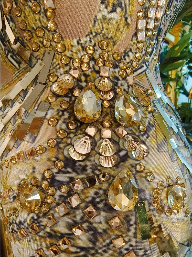 Sparkly Gold Crystals Fringes Leotard Women Rhinestones Performance Dance Costume Stage Wear Club Outfit Sexy Tassel Bodysuit - Image 5