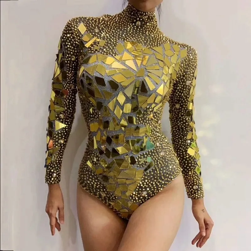 Sparkly Gold Rhinestones Mirrors Shining Bodysuit Women Birthday Celebrity Prom Party Outfit Singer Stage Rompers Dance Costume - Image 2