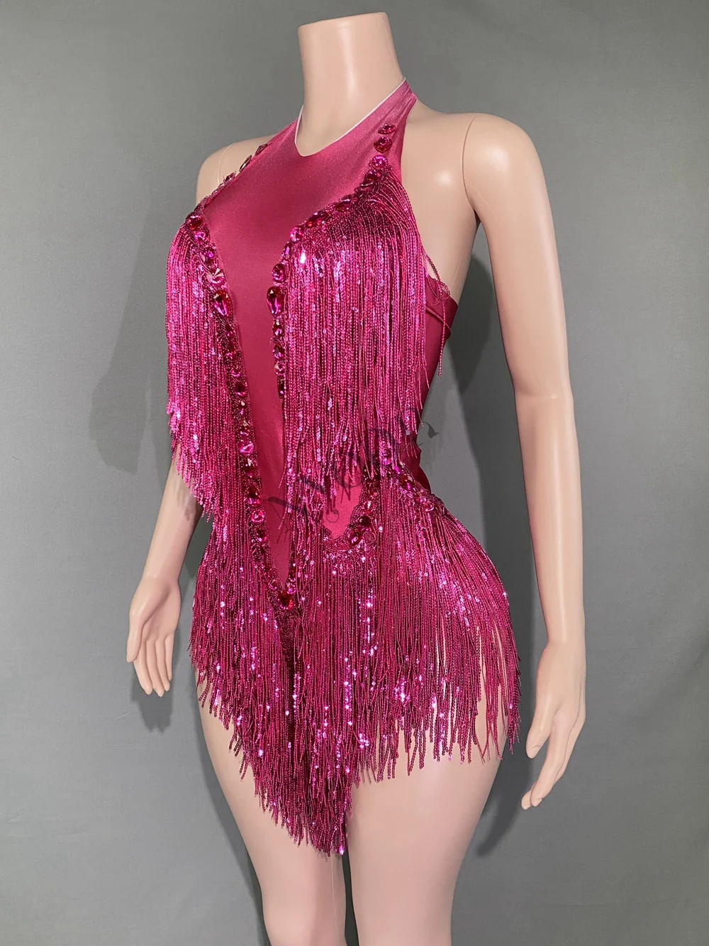 Sparkly Hot Pink Crystals Sequins Fringes Bodysuit for Women Sexy Backless Dance Costume Dancer Performance Show Stage Wear - Image 2