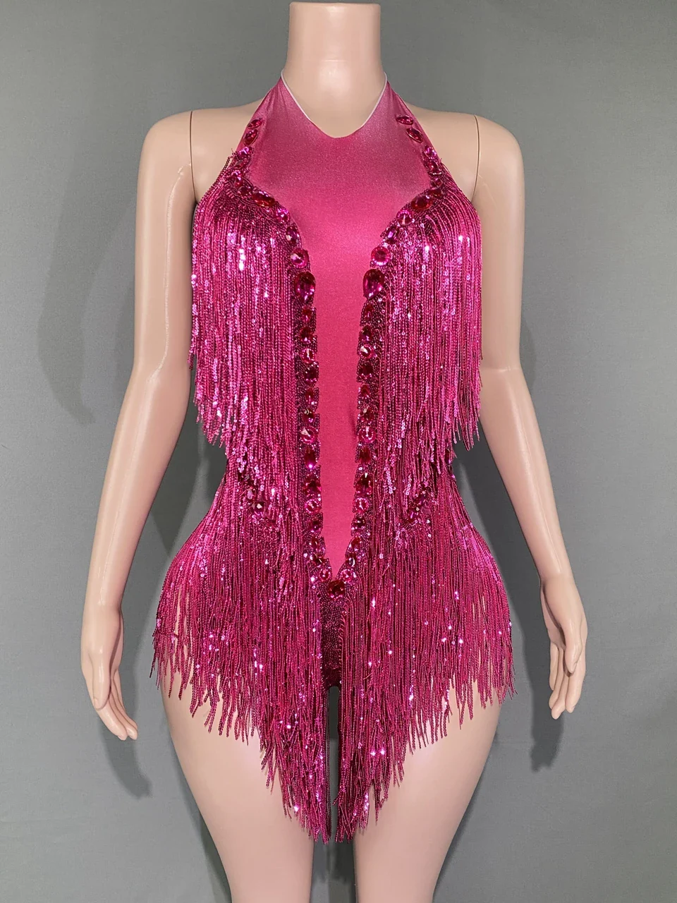 Sparkly Hot Pink Crystals Sequins Fringes Bodysuit for Women Sexy Backless Dance Costume Dancer Performance Show Stage Wear - Image 6
