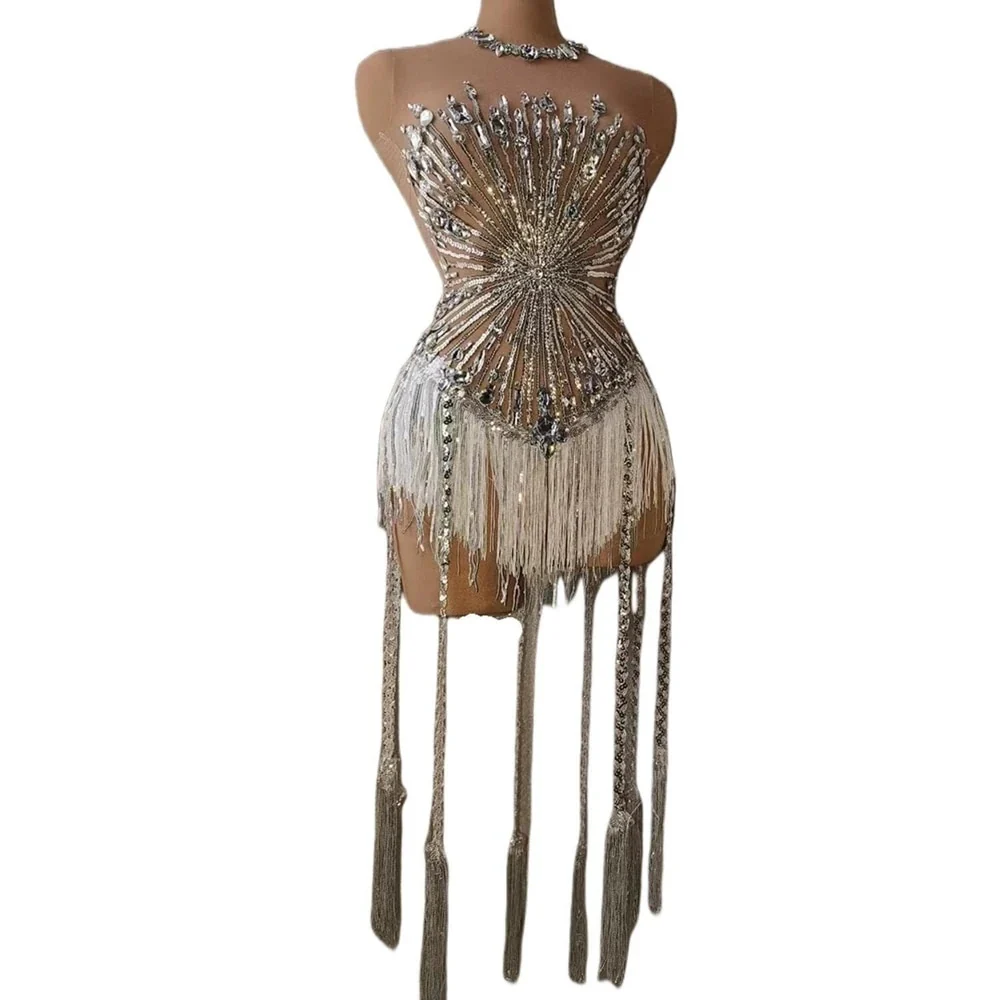 Sparkly Rhinestones Sequins Fringes Leotard  Women Sexy Mesh Rhinestone Dress Birthday Celebrate  Party Show Wear - Image 2