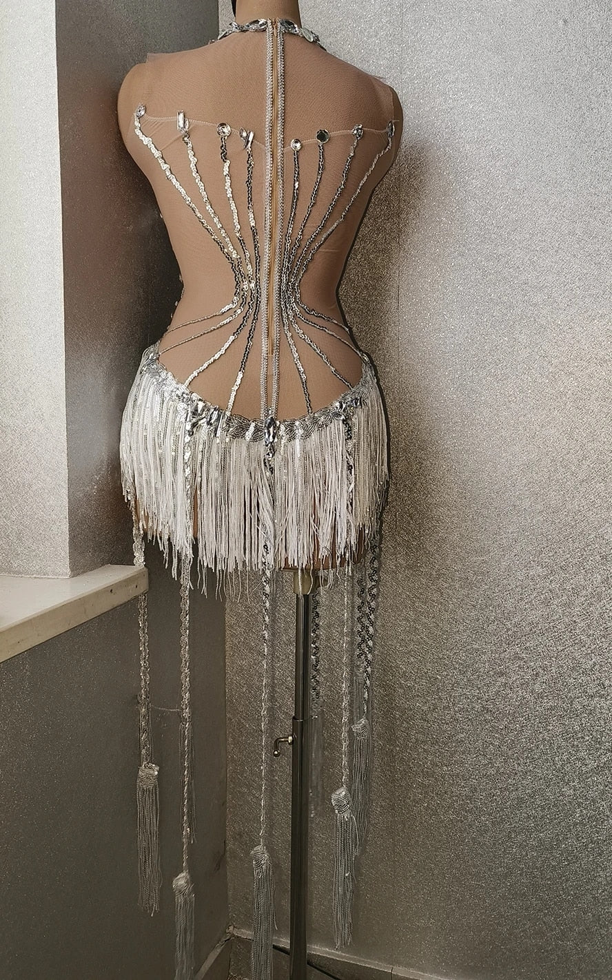 Sparkly Rhinestones Sequins Fringes Leotard  Women Sexy Mesh Rhinestone Dress Birthday Celebrate  Party Show Wear - Image 4
