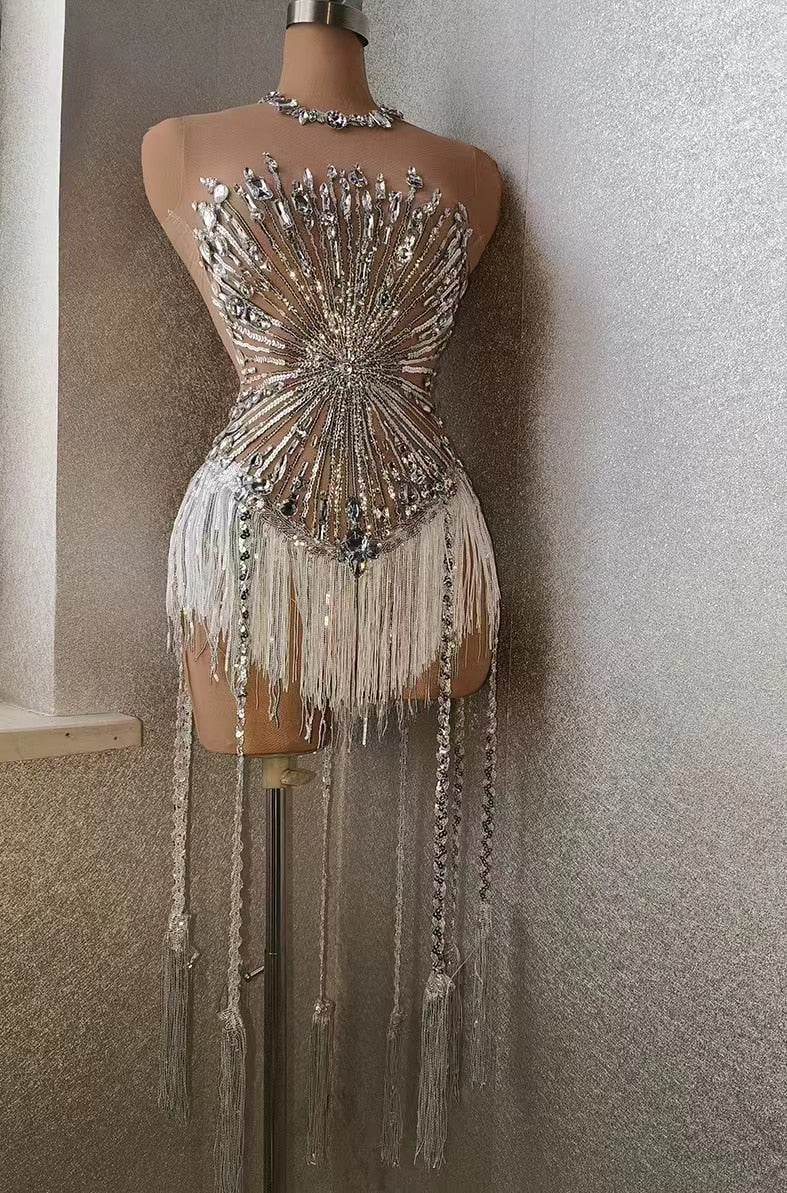 Sparkly Rhinestones Sequins Fringes Leotard  Women Sexy Mesh Rhinestone Dress Birthday Celebrate  Party Show Wear - Image 5