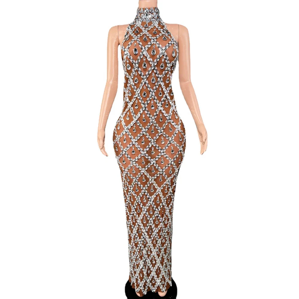 Sparkly Rhinestones Sleeveless Long Dress Elegant Dark Mesh Celebrate Evening Wedding Prom Gown Birthday Dress Photograph Wear - Image 8