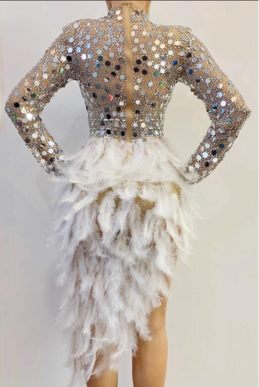 Sexy Sparkly Silver Sequins Feather Dress Women Birthday Celebrate Wedding Bar DS Latin Dresses - Image 8