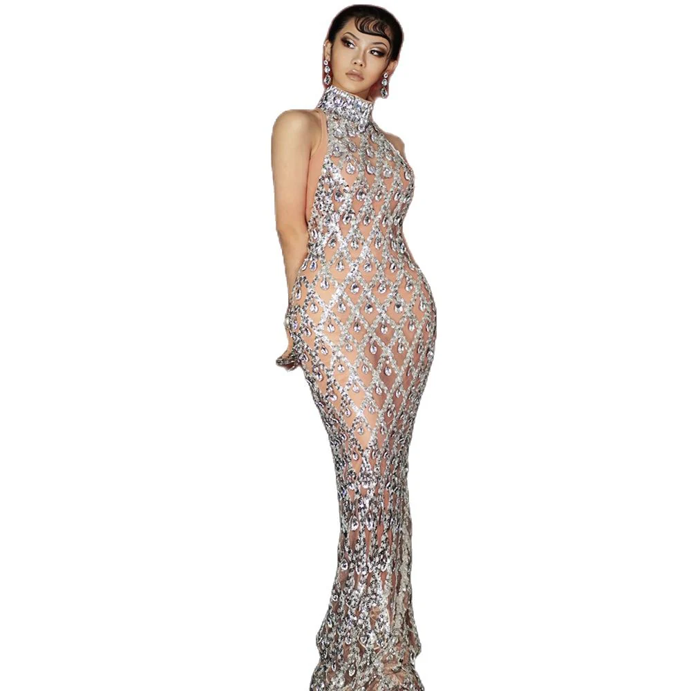 Sparkly Silver Sequins Sleeveless Birthday Wedding Dress Shiny Evening Celebrate Outfit Stretch Mesh Transparent Dance Wear - Image 2