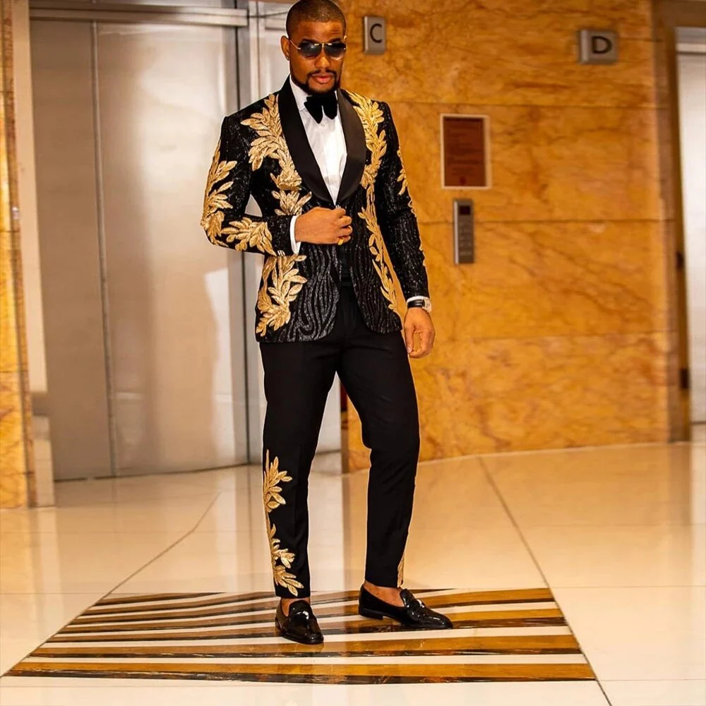 Sparkly Suits Men Slim Fit Gold Appliques Sequins Groom Wedding Tuxedo Tailored Made Single Breasted Jacket Pants 2 Pieces 2023 - Image 7