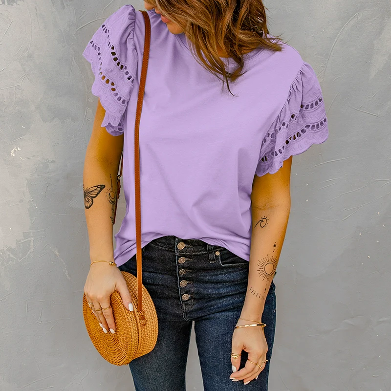 Speaker Pure Color Casual Half-Sleeve Base Tops Lace - Image 10