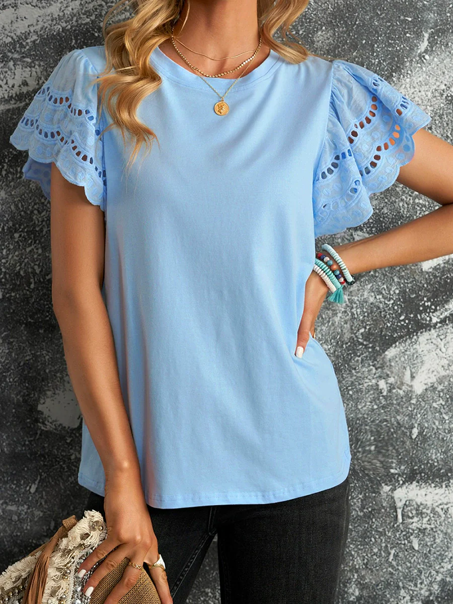 Speaker Pure Color Casual Half-Sleeve Base Tops Lace - Image 6