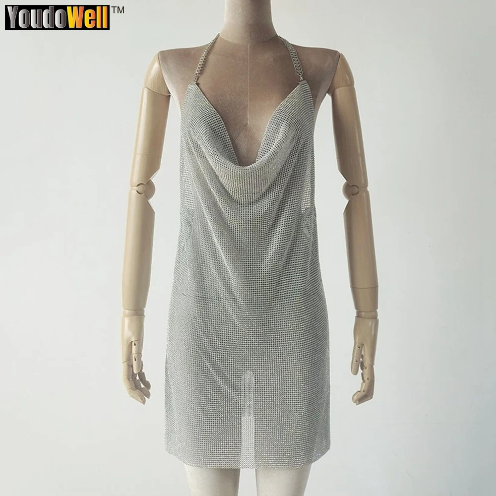 Spice Girl-Women's Spice Girl's Metal Rhinestone Mini Skirt Sling Backless Side Slit Cocktail Party Dress 8-Character Chain - Image 3