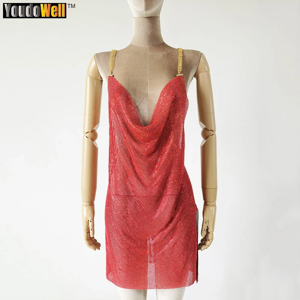 Spice Girl-Women's Spice Girl's Metal Rhinestone Mini Skirt Sling Backless Side Slit Cocktail Party Dress 8-Character Chain - Image 4