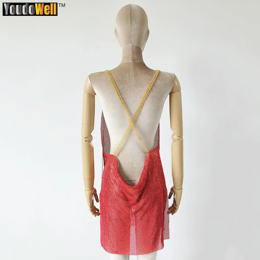 Spice Girl-Women's Spice Girl's Metal Rhinestone Mini Skirt Sling Backless Side Slit Cocktail Party Dress 8-Character Chain - Image 5