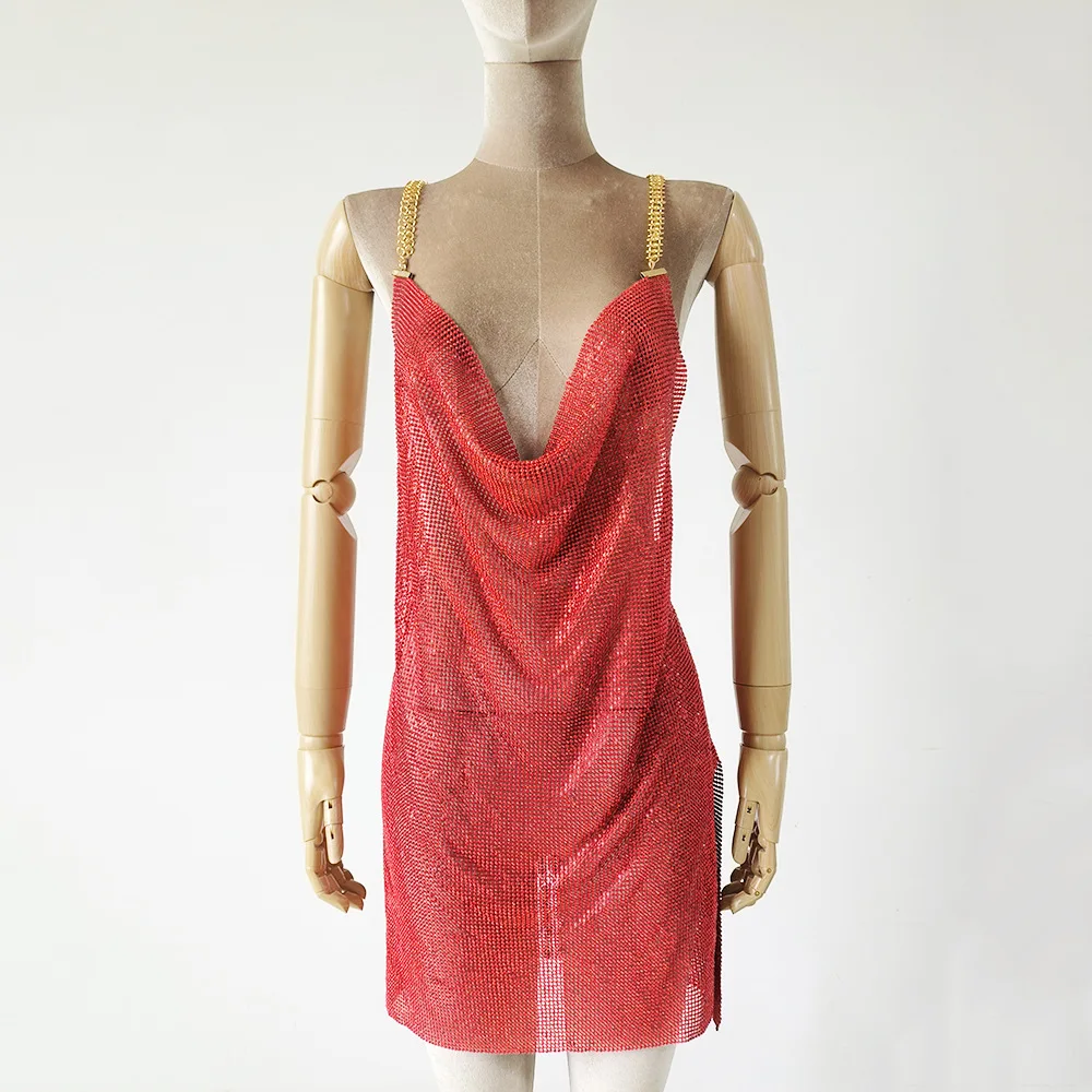 Spice Girl-Women's Spice Girl's Metal Rhinestone Mini Skirt Sling Backless Side Slit Cocktail Party Dress 8-Character Chain - Image 7
