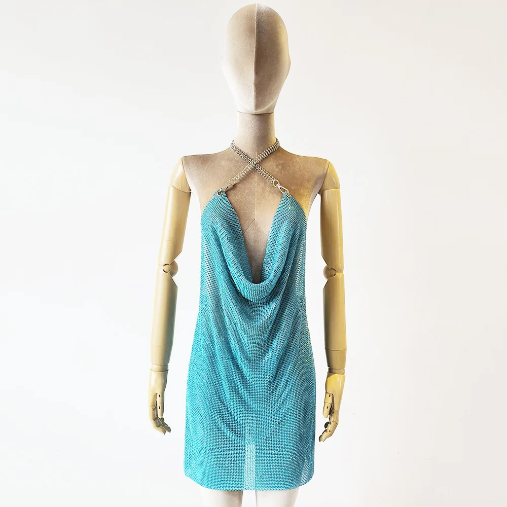 Spice Girl-Women's Spice Girl's Metal Rhinestone Mini Skirt Sling Backless Side Slit Cocktail Party Dress 8-Character Chain - Image 9