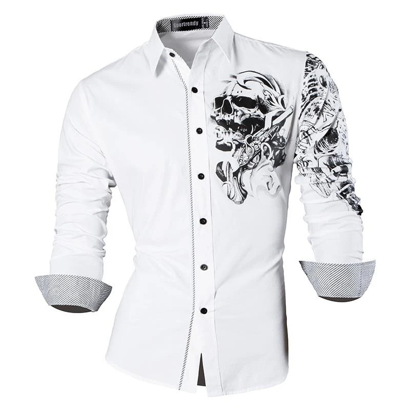 Sportrendy erkek gömlek elbise Casual moda uzun kollu Slim Fit şık kafatası baskı dövme JZS047 - Image 13