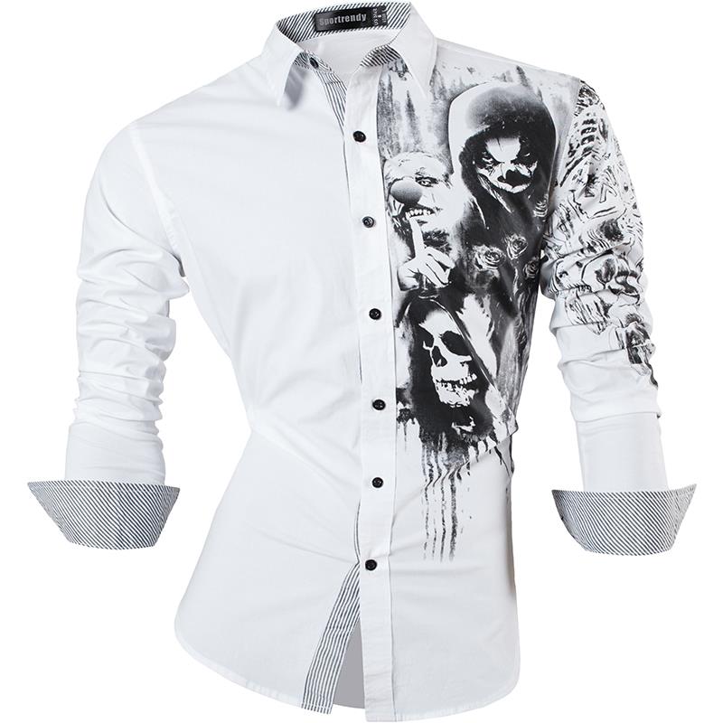 Sportrendy erkek gömlek elbise Casual moda uzun kollu Slim Fit şık kafatası baskı dövme JZS047 - Image 17