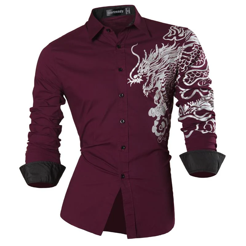 Sportrendy erkek gömlek elbise Casual moda uzun kollu Slim Fit şık kafatası baskı dövme JZS047 - Image 19