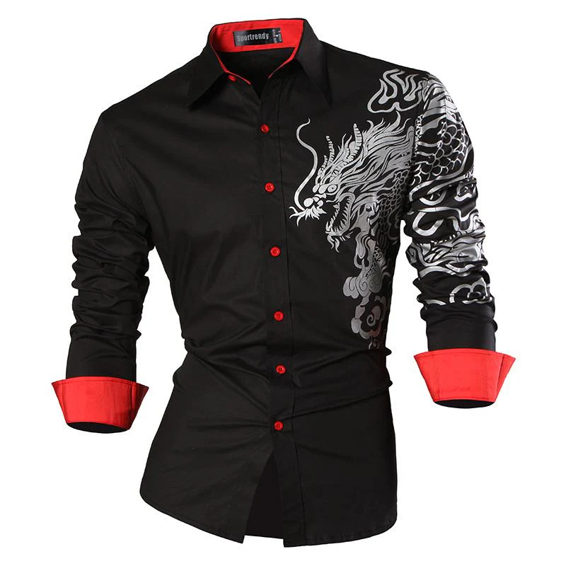 Sportrendy Men's Shirt Dress Casual Long Sleeve Fashion Dragon Stylish JZS091 Black - Image 14