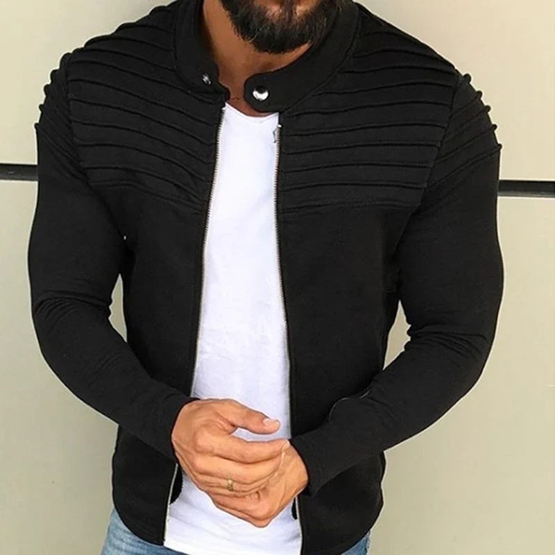 Sports Casual Men Jacket Men's Autumn Pleats Slim Stripe Fit Jacket Zipper Long Sleeve Coat Cardigan Coat - Image 3