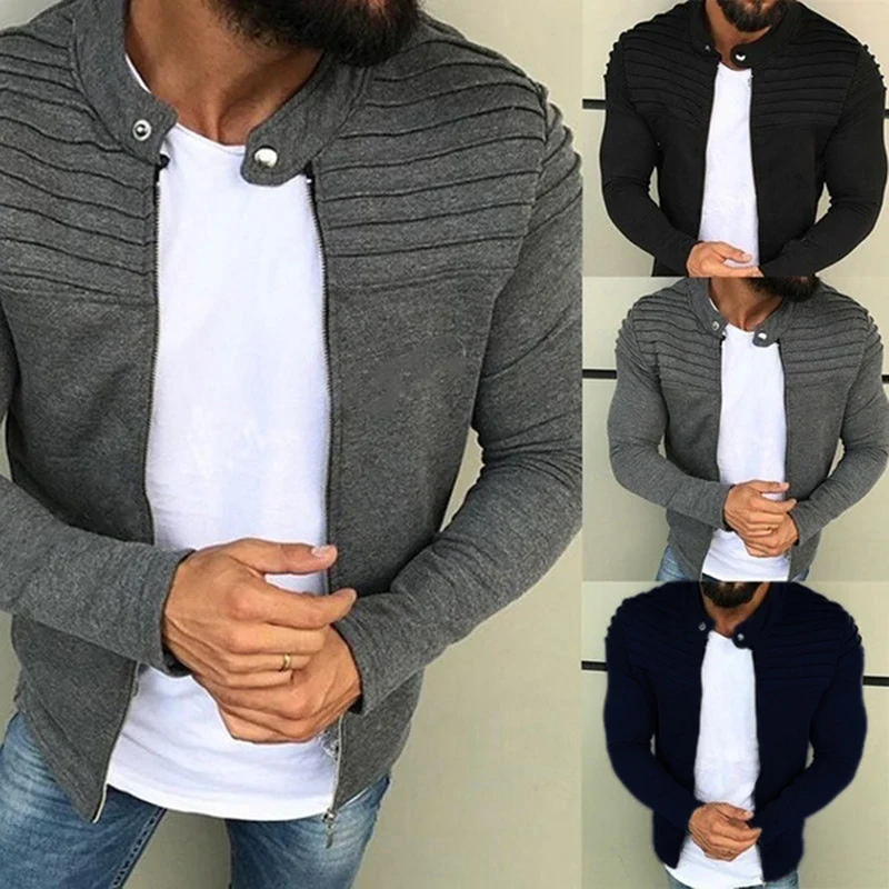 Sports Casual Men Jacket Men's Autumn Pleats Slim Stripe Fit Jacket Zipper Long Sleeve Coat Cardigan Coat - Image 4