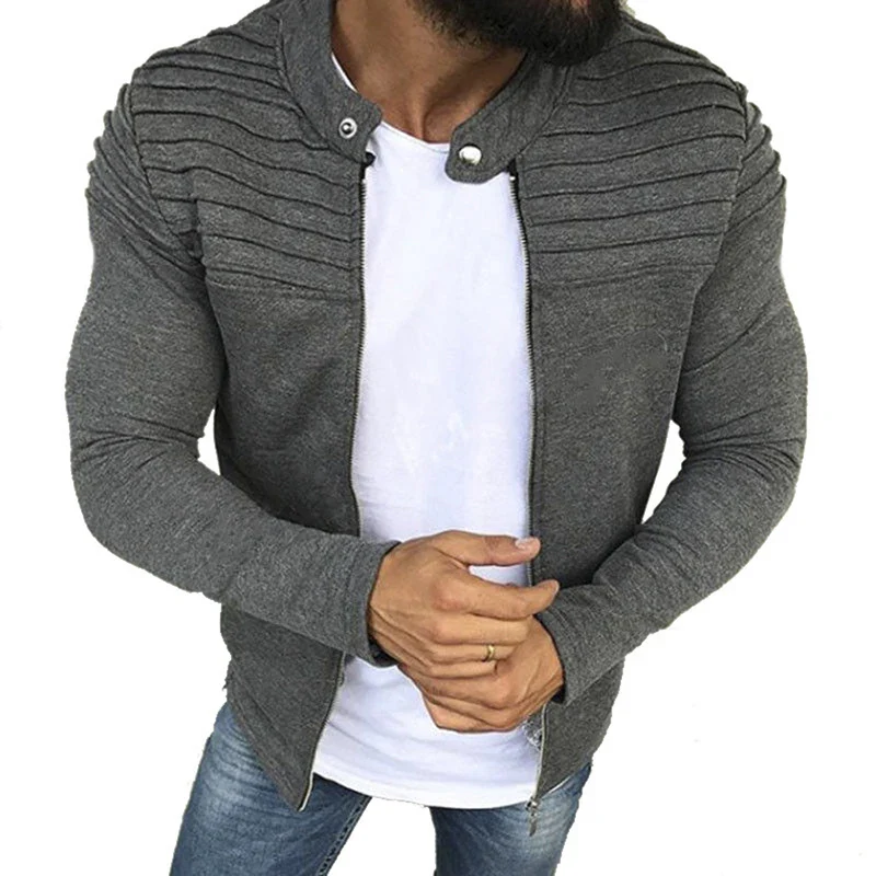 Sports Casual Men Jacket Men's Autumn Pleats Slim Stripe Fit Jacket Zipper Long Sleeve Coat Cardigan Coat - Image 8