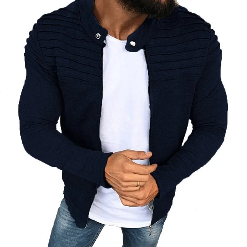 Sports Casual Men Jacket Men's Autumn Pleats Slim Stripe Fit Jacket Zipper Long Sleeve Coat Cardigan Coat - Image 10