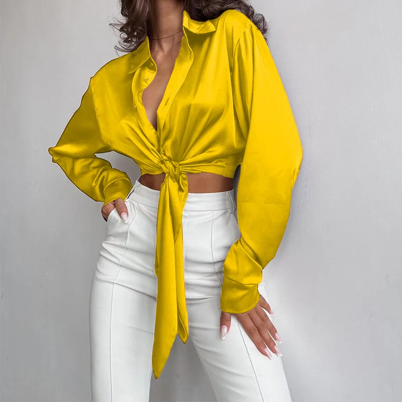 Spring And Autumn Fashion Women's Polo Neck Long Sleeve Leaky Umbilical Short Shirt Elegant Yellow Button Lace Up Top Blouse - Image 8