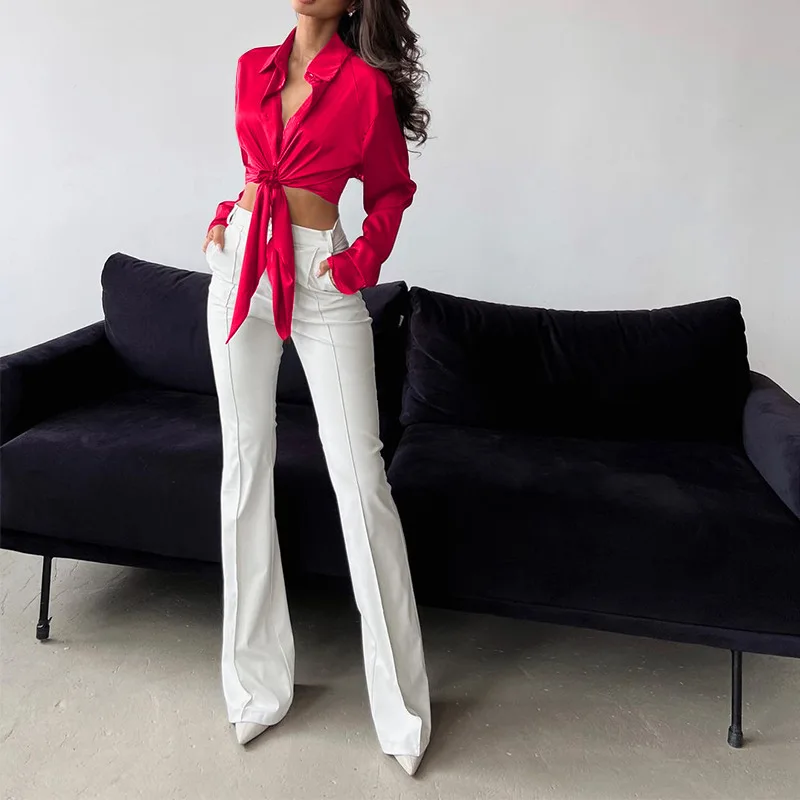 Spring And Autumn Fashion Women's Polo Neck Long Sleeve Leaky Umbilical Short Shirt Elegant Yellow Button Lace Up Top Blouse - Image 9