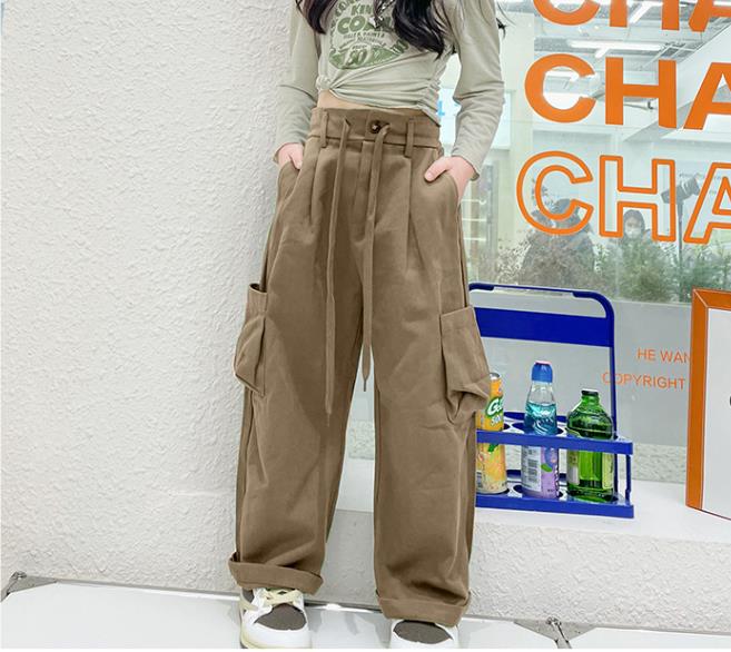 Spring And Autumn New Girl's Retro Army Green Cargo Pants High Waist Showing Thin Loose Sports Casual Wide Leg Trousers 6-14 Y - Image 3