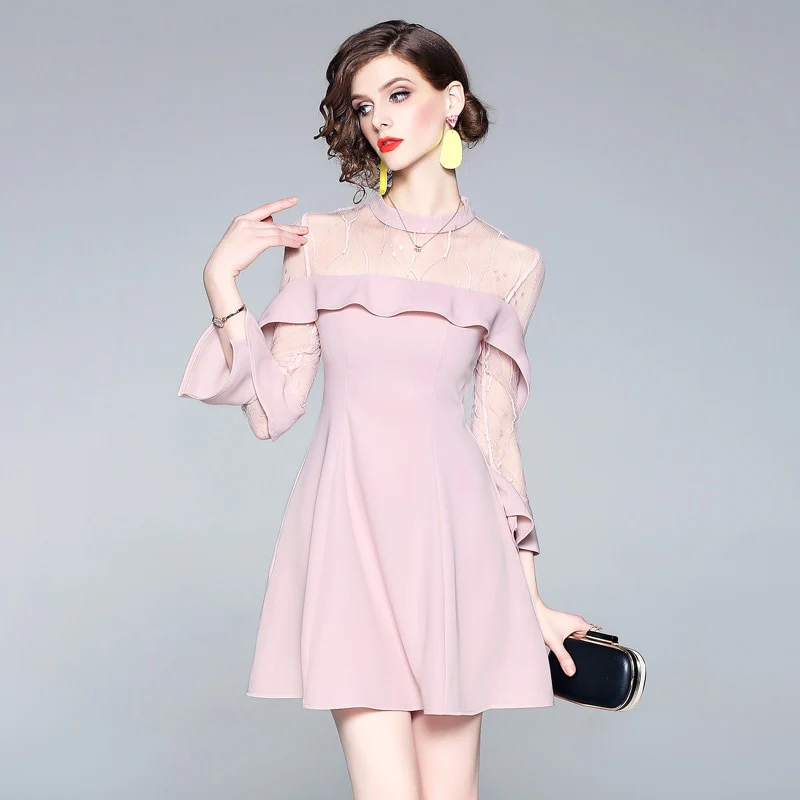 Spring and summer 2020 new women's mesh splicing Ruffle Dress celebrity perspective sheath dresses butterfly sleeve cloth - Image 2