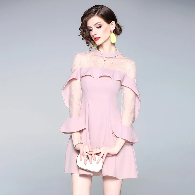 Spring and summer 2020 new women's mesh splicing Ruffle Dress celebrity perspective sheath dresses butterfly sleeve cloth - Image 4