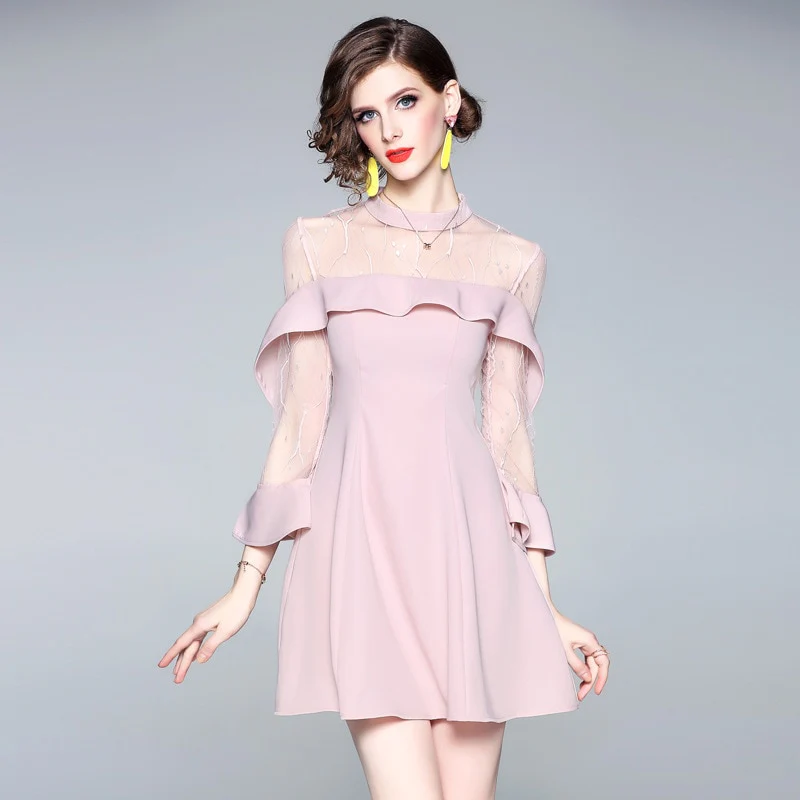 Spring and summer 2020 new women's mesh splicing Ruffle Dress celebrity perspective sheath dresses butterfly sleeve cloth - Image 5