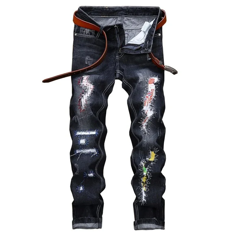 Spring And Summer Men's Jeans Straight Distressrd Wash Retro High Street Pants Vintage Casual Patchwork Blue Male Hip Hop Y2k - Image 2
