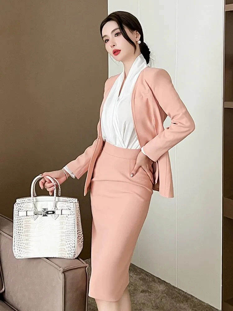 Spring Autumn 2 Piece Outfit Suits Women Professional Formal Commute Pink Tops Coat Blazer Suit High Waist Midi Skirt Pencil Set - Image 4