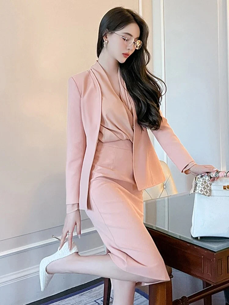 Spring Autumn 2 Piece Outfit Suits Women Professional Formal Commute Pink Tops Coat Blazer Suit High Waist Midi Skirt Pencil Set - Image 5