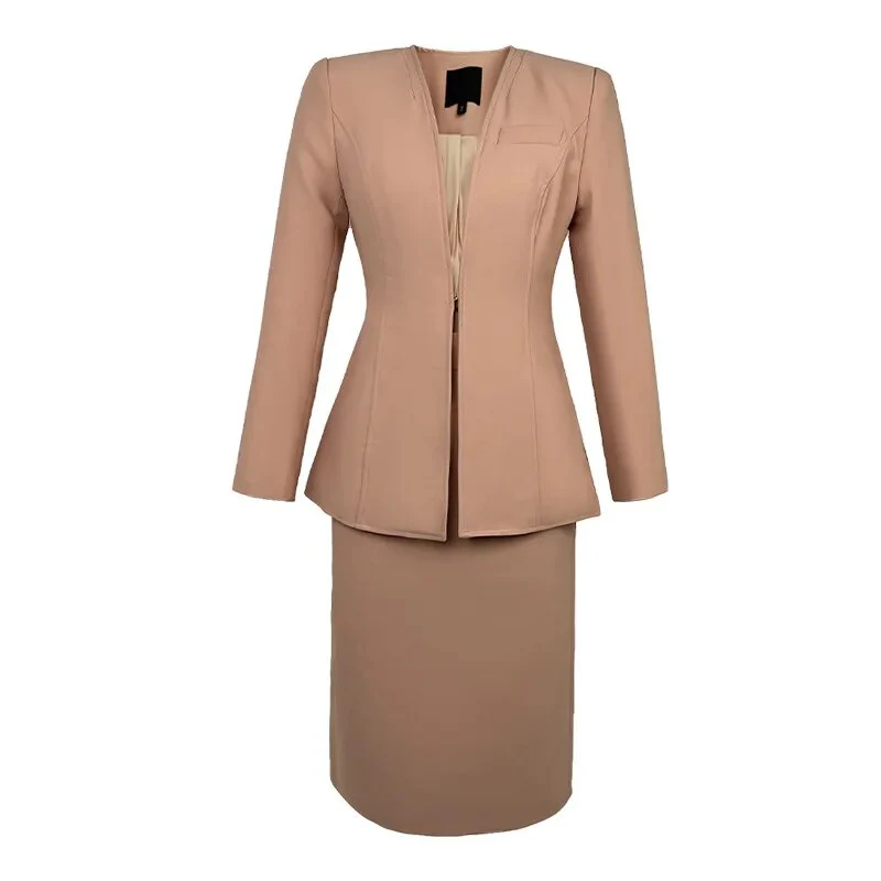 Spring Autumn 2 Piece Outfit Suits Women Professional Formal Commute Pink Tops Coat Blazer Suit High Waist Midi Skirt Pencil Set - Image 7