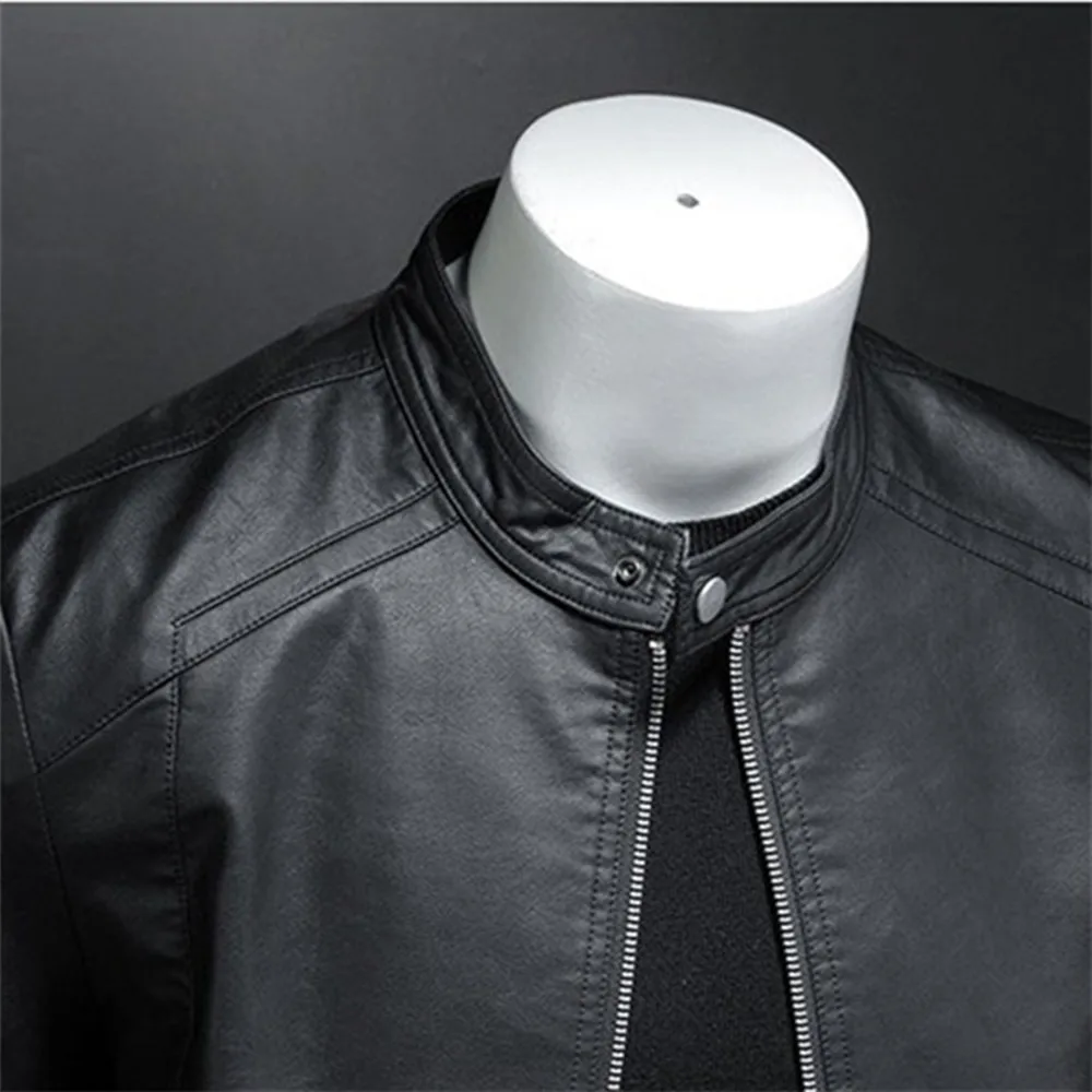 Spring Autumn Leather Jacket Men Stand Collar Slim Pu Leather Jacket Fashion Motorcycle Causal Coat Mens Moto Biker Leather Coat - Image 6