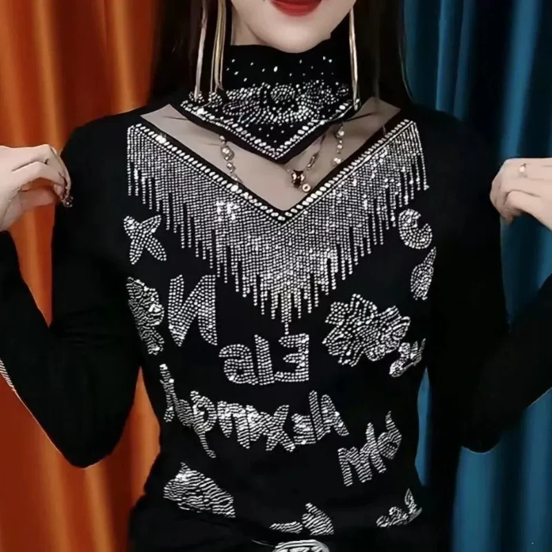 Spring Autumn New Elegant Hollow Out Half High Neck T-shirt Fashion Solid All-match Bottoming Shirt Casual Office Women Clothing