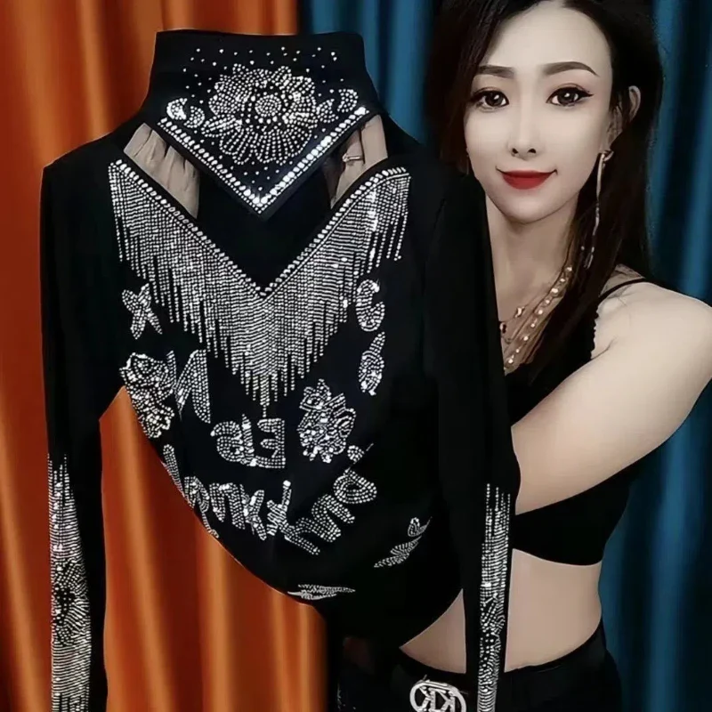 Spring Autumn New Elegant Hollow Out Half High Neck T-shirt Fashion Solid All-match Bottoming Shirt Casual Office Women Clothing - Image 4