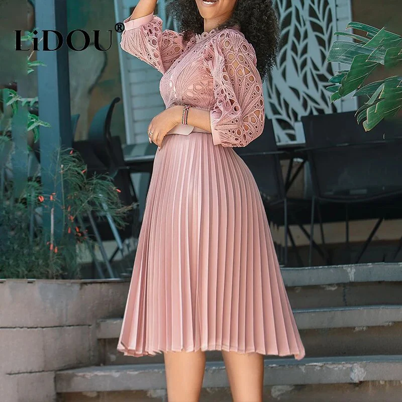 Spring Autumn New Fashion Lace Elegant Plus Size Dress Women Sexy Hollow Out with Belt Oversized Vestidos De Fiesta Lady Clothes - Image 2