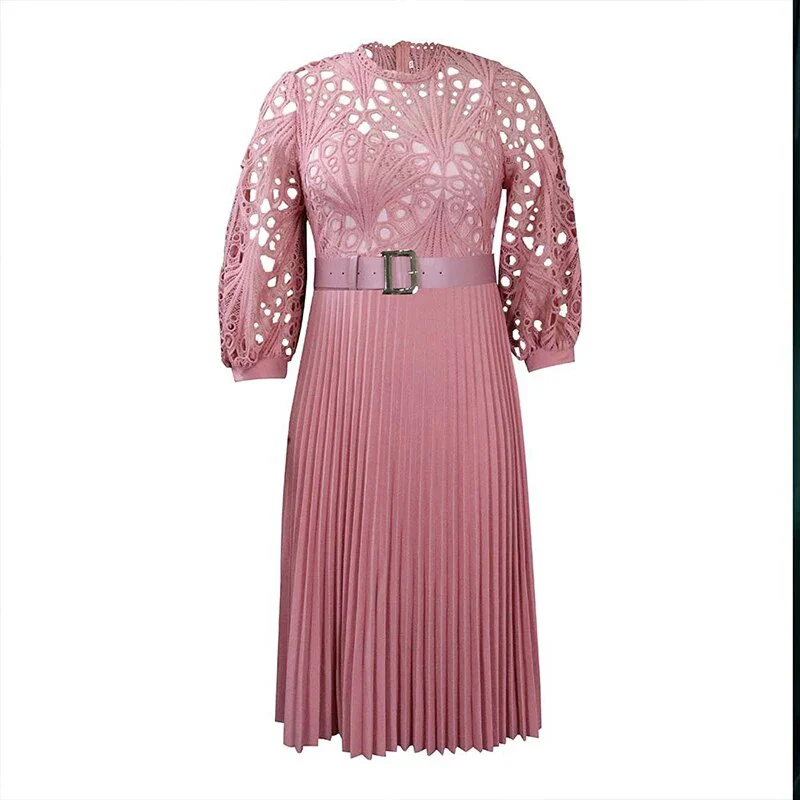 Spring Autumn New Fashion Lace Elegant Plus Size Dress Women Sexy Hollow Out with Belt Oversized Vestidos De Fiesta Lady Clothes - Image 5