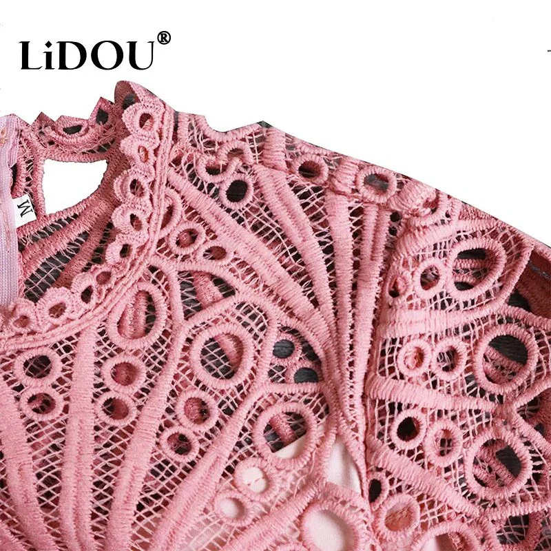 Spring Autumn New Fashion Lace Elegant Plus Size Dress Women Sexy Hollow Out with Belt Oversized Vestidos De Fiesta Lady Clothes - Image 6