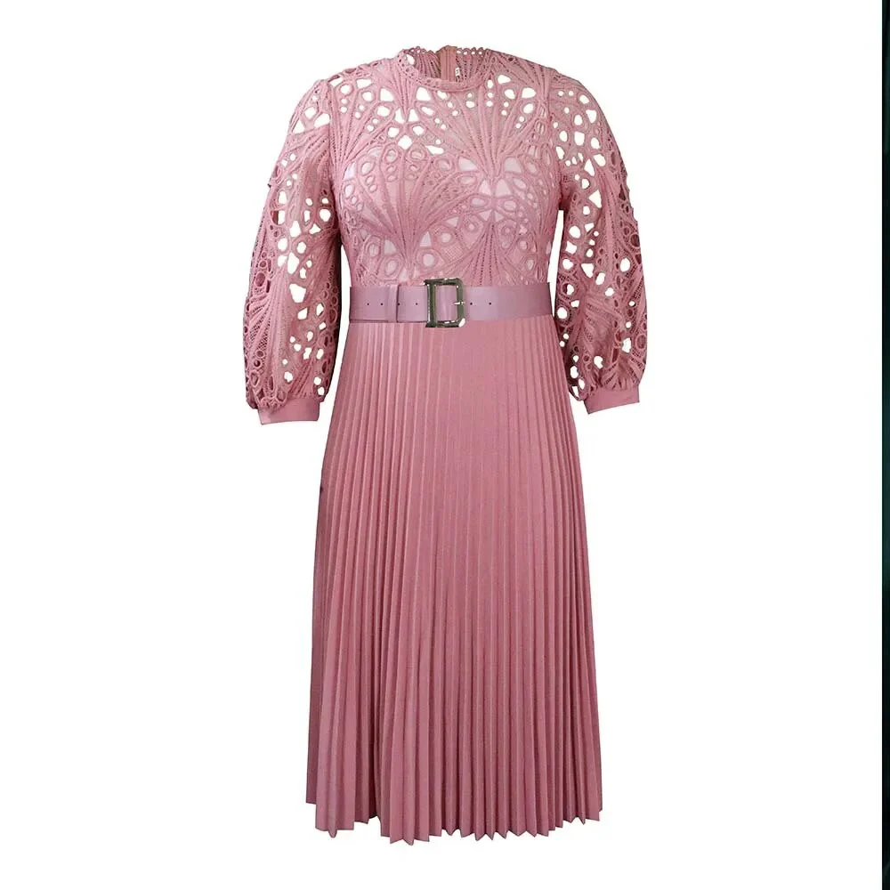Spring Autumn New Fashion Lace Elegant Plus Size Dress Women Sexy Hollow Out with Belt Oversized Vestidos De Fiesta Lady Clothes - Image 8
