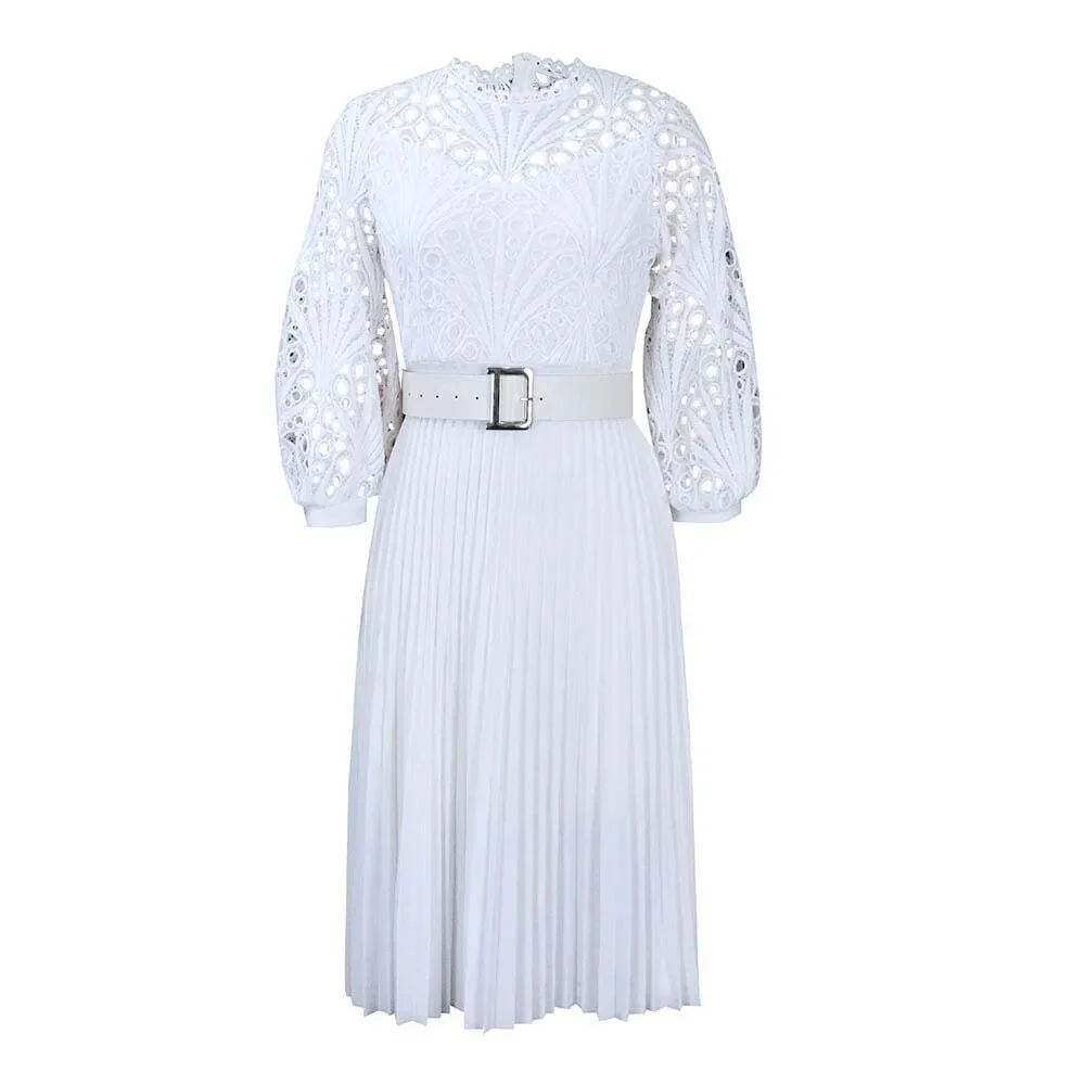 Spring Autumn New Fashion Lace Elegant Plus Size Dress Women Sexy Hollow Out with Belt Oversized Vestidos De Fiesta Lady Clothes - Image 9