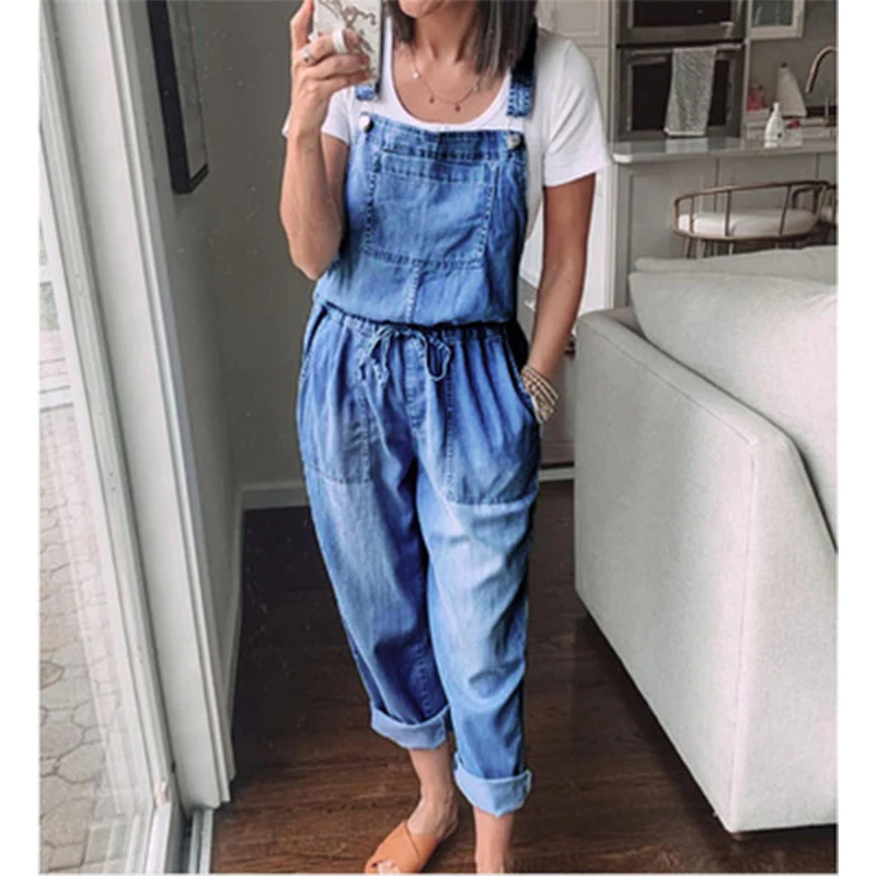 Spring Autumn Thin Loose Casual Womens Denim Jumpsuit Lace Up Elastic Waist Overalls Solid Color Wide Leg Trousers Bodysuit 6218 - Image 6