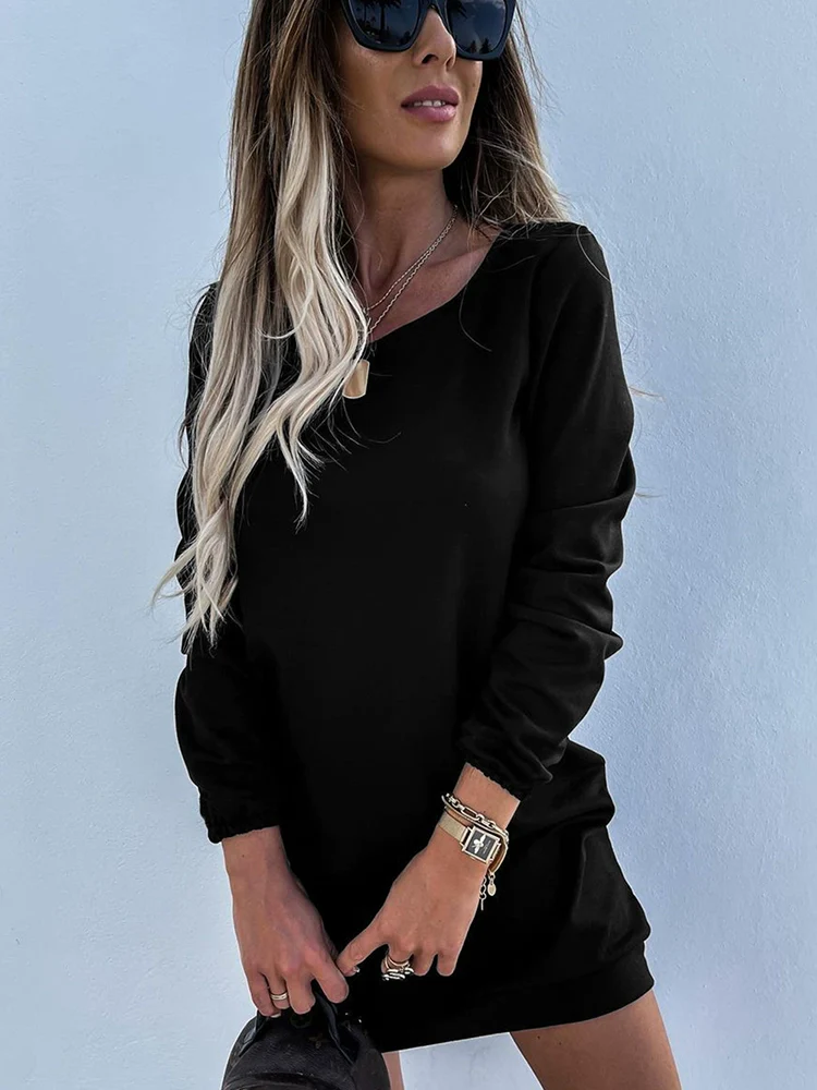 Spring & Fall Thin Pure Color Long Sleeves Dress 2024 Fashion New Arrival Fashion All-Match Silm Waist-Showing Ladies Knee-Length Skirt - Image 5